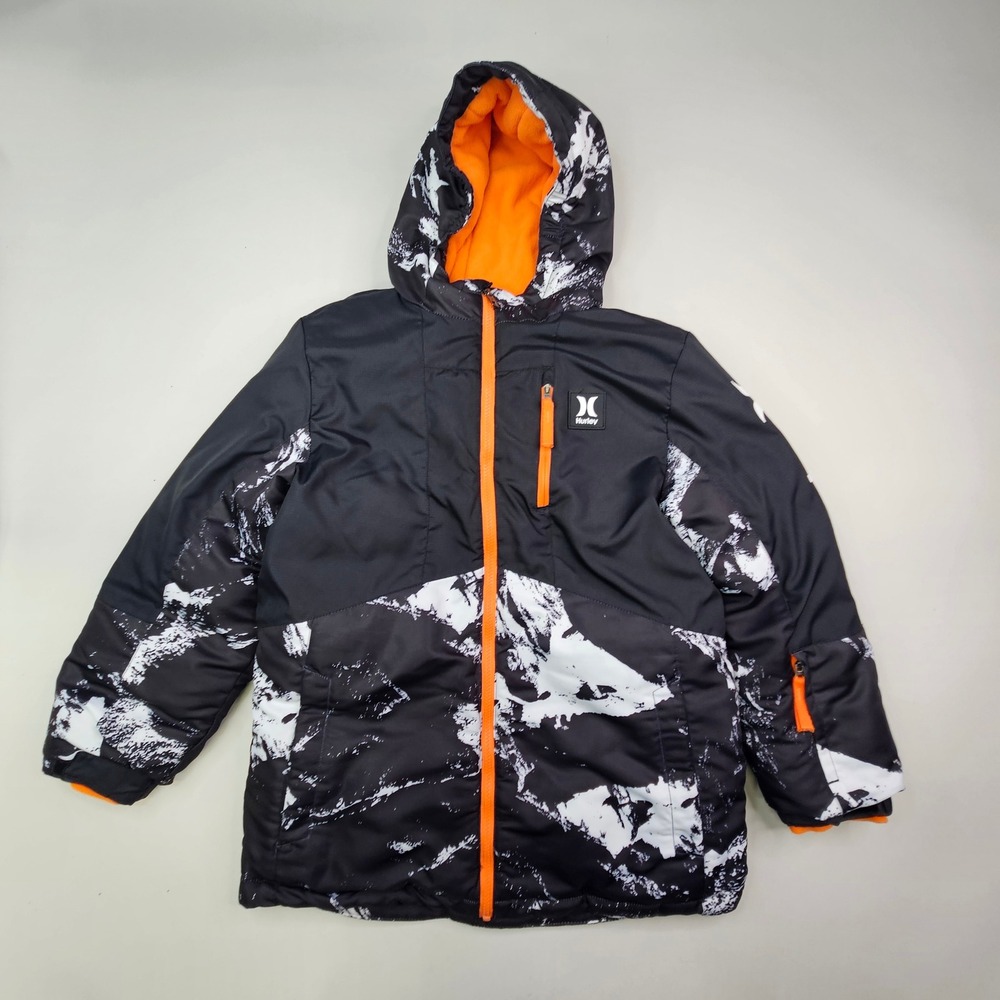 Hurley Puffer Jacket Kids Size L (14/16) Black White Orange Mountain Print Hood